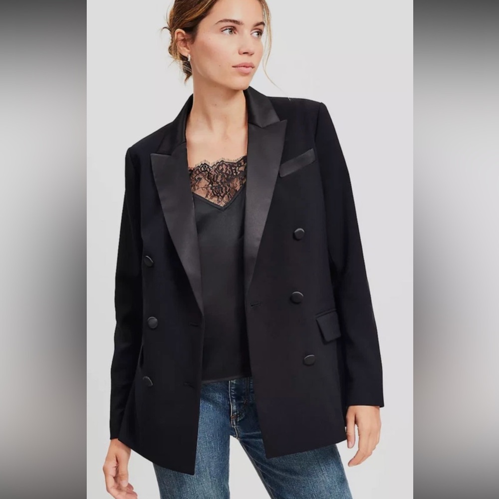 LOFT Black Satin-Trim Blazer with Double-breasted design